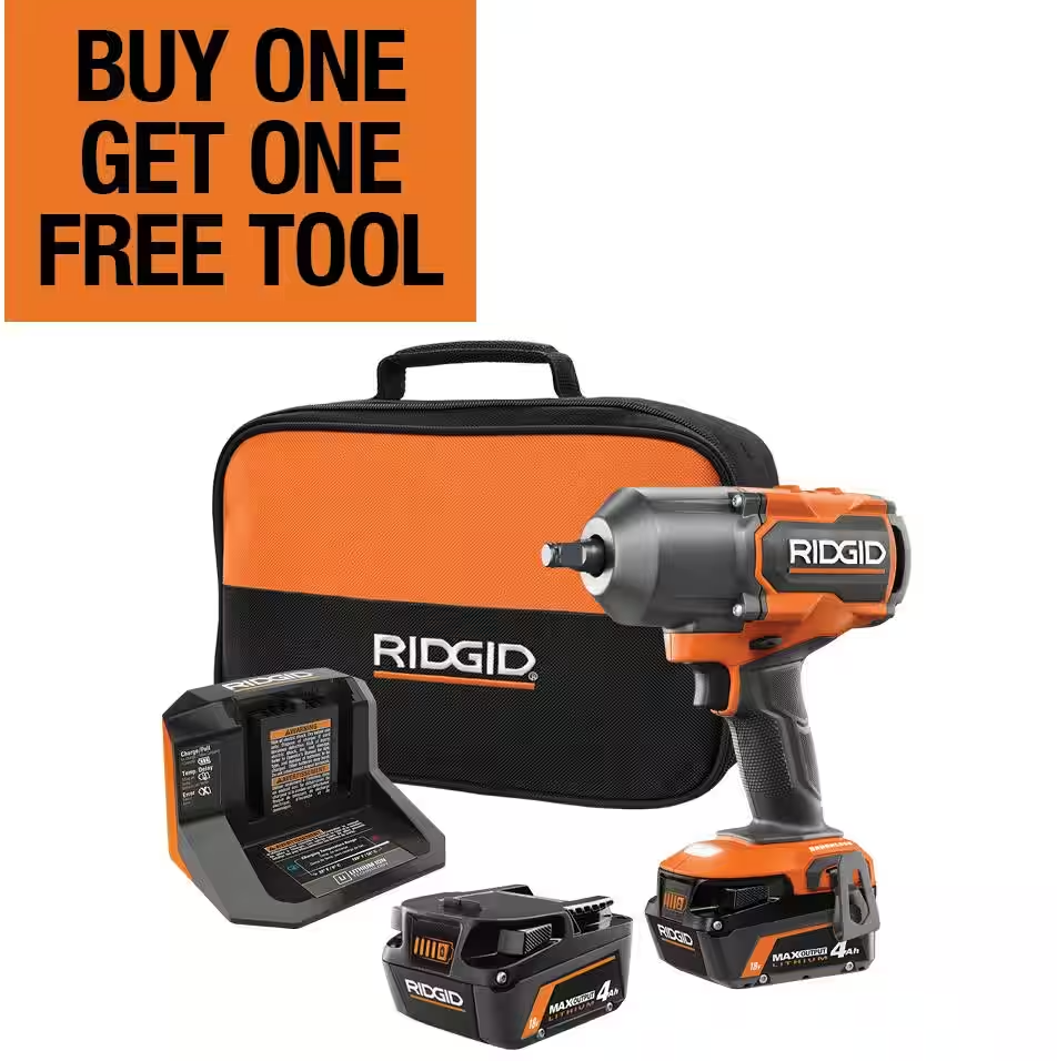 RIDGID 18V Brushless Cordless 4-Mode 1/2 in. High-Torque Impact Wrench Kit, (2) 4.0 Ah Batteries and Charger ($299.00 and Pick a tool, free)